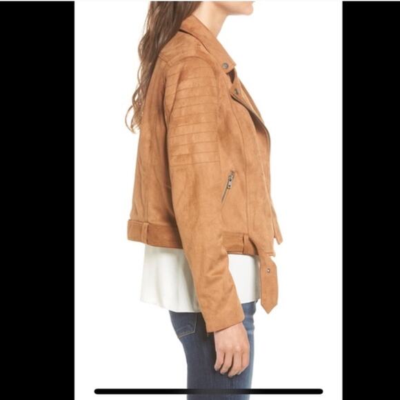 Cupcakes and Cashmere Faux Suede Moto Jacket Brown Tan Buckle Zip Size Small - Picture 6 of 14